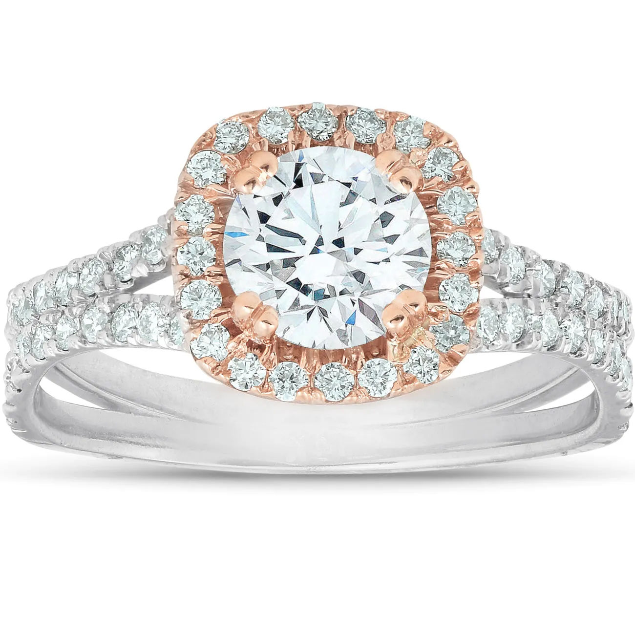 1. 14k White & Rose Gold Cushion Halo Diamond Engagement Ring - 1.625 Carat