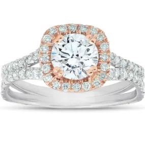 1. 14k White & Rose Gold Cushion Halo Diamond Engagement Ring - 1.625 Carat