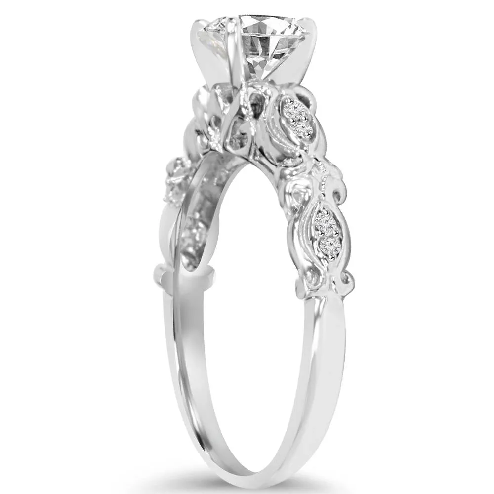 1.16ct Lab Created Diamond Engagement Ring - Vintage 14K White Gold