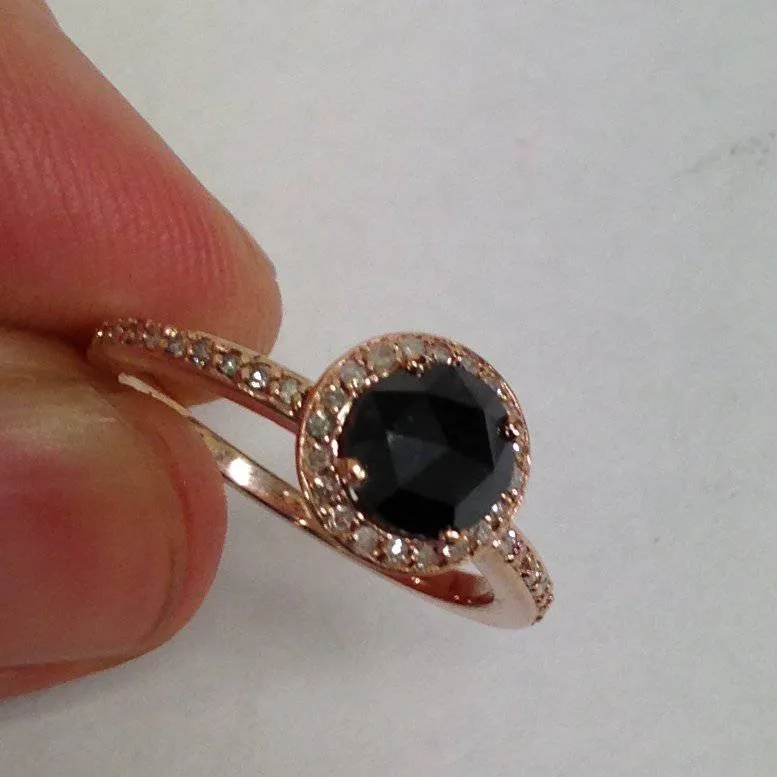 1.25ct Black and Diamond Rose Gold Halo Ring - 14K