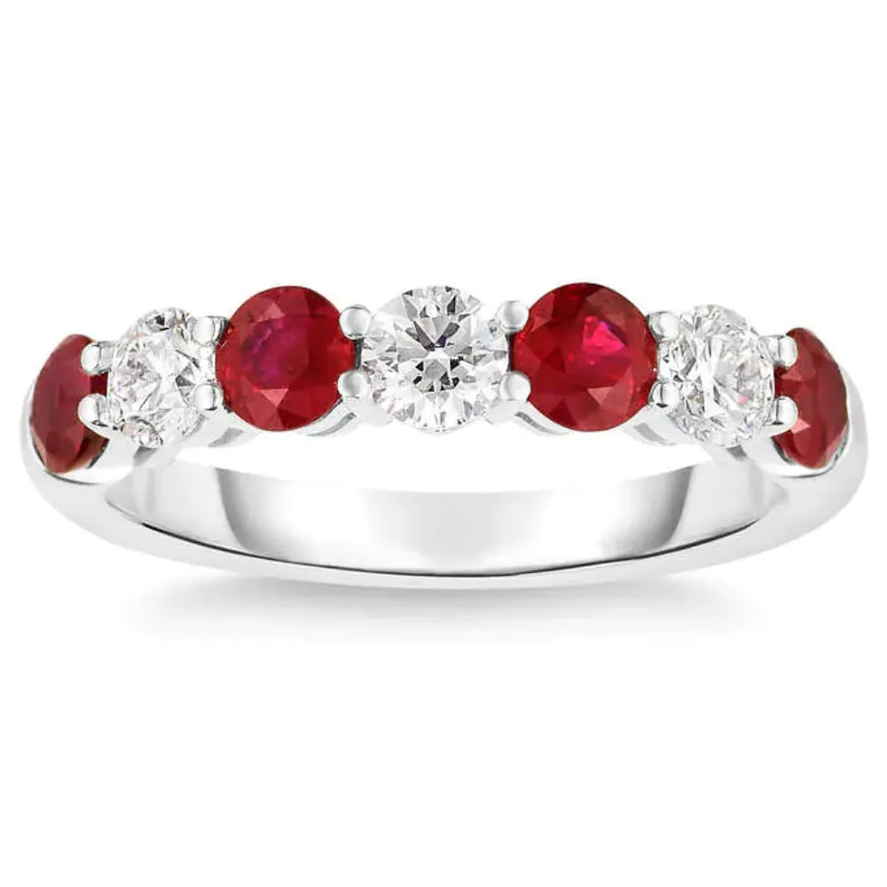 1.5 Carat Total Weight Round Diamond and Created Ruby Anniversary Ring in 14k Gold