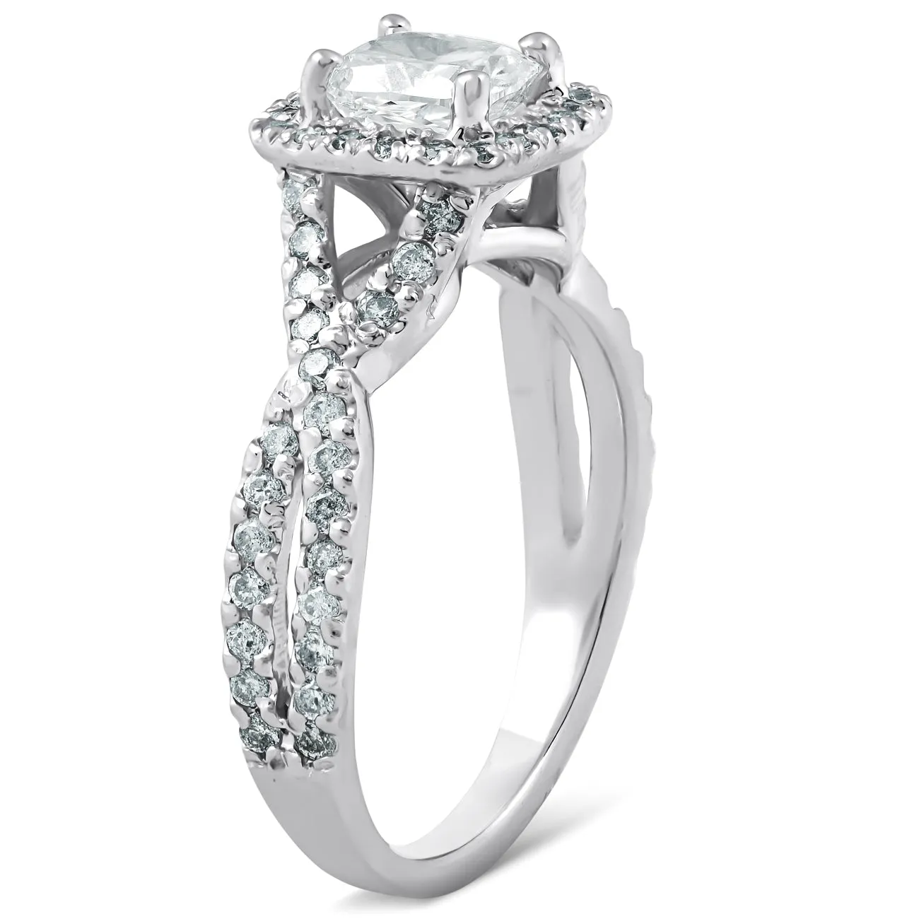 1.5 Ct Cushion Diamond Halo Ring, Twisted Band, 14k White Gold