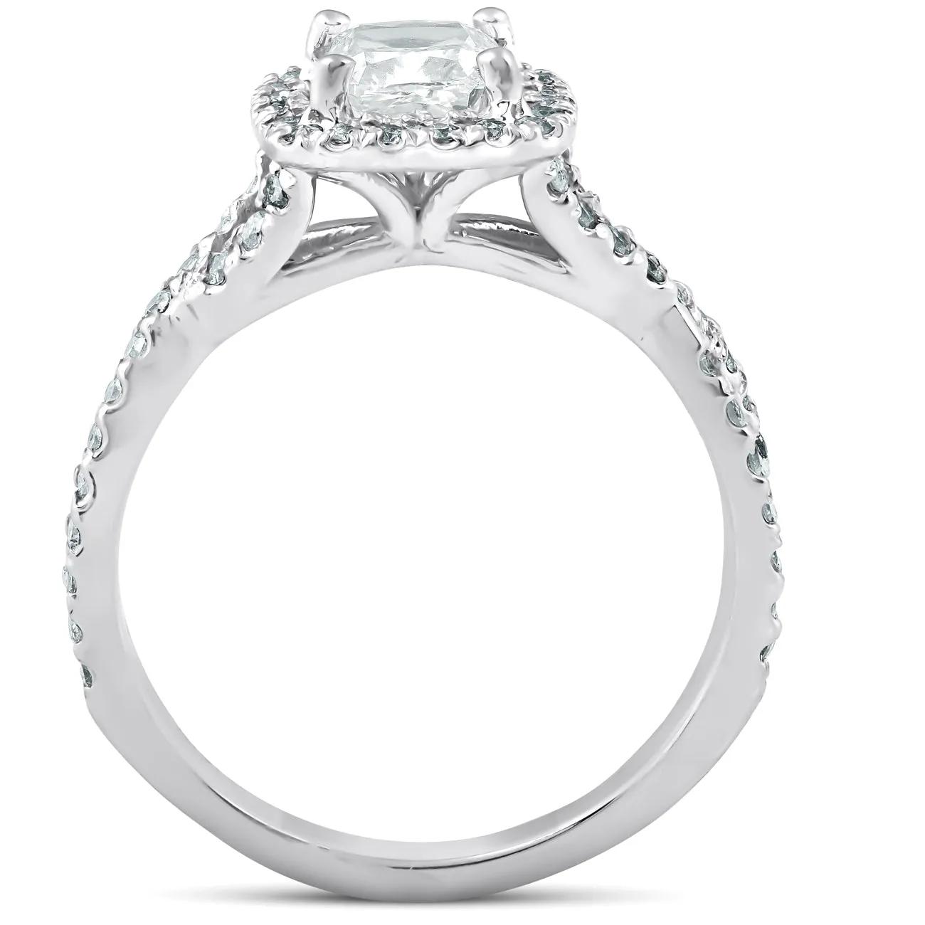 1.5 Ct Cushion Diamond Halo Ring, Twisted Band, 14k White Gold