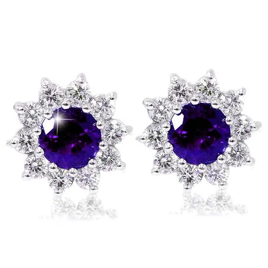 1.75ct Real Amethyst & Diamond Stud Earrings with Halo in 14K White Gold