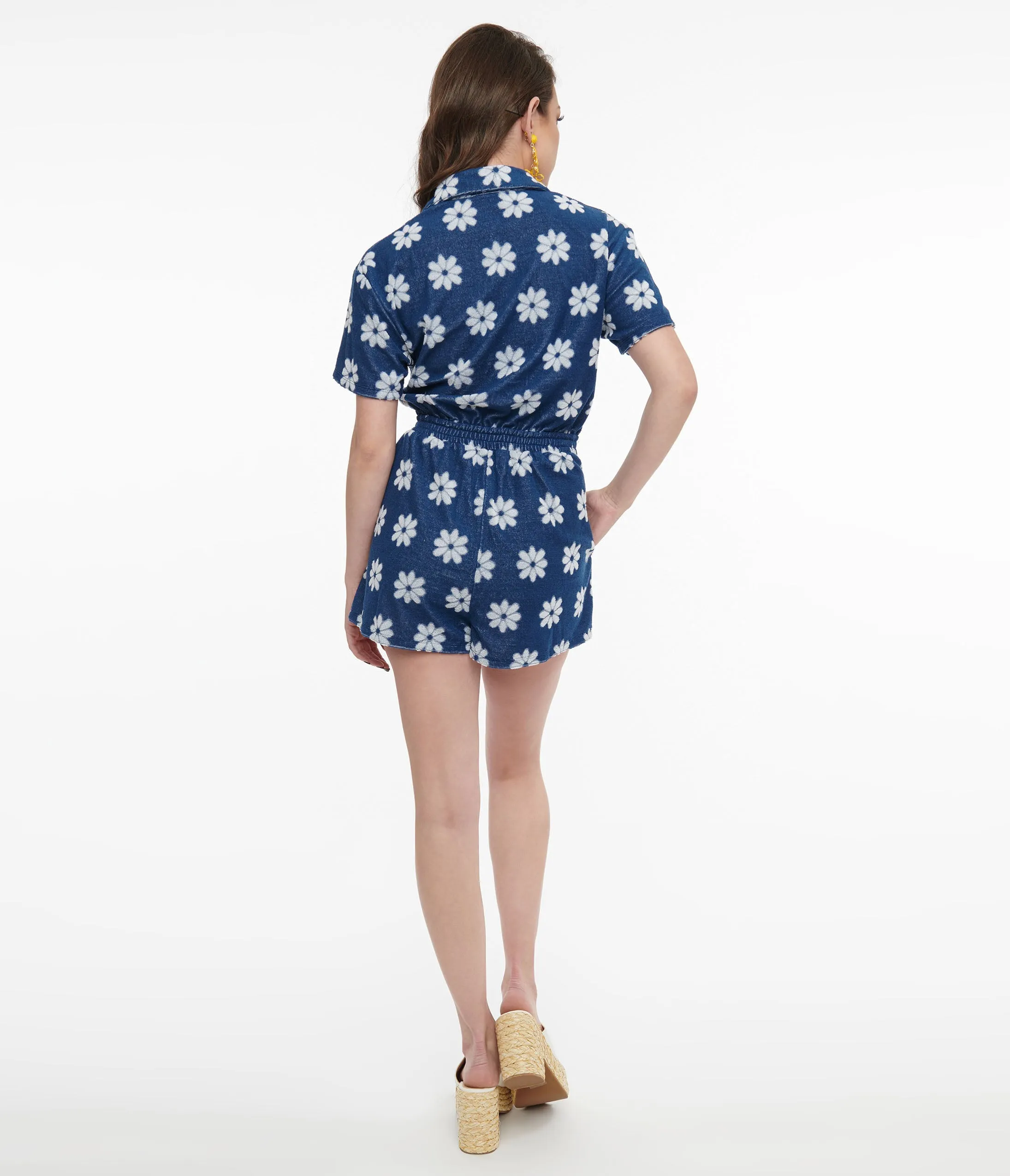 1970s Blue and White Daisy Flower Print Romper