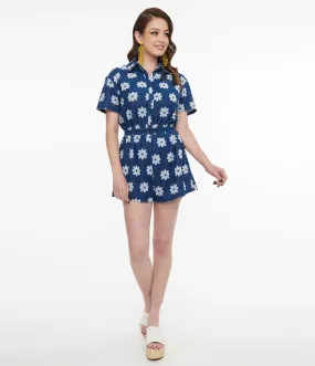 1970s Blue and White Daisy Flower Print Romper