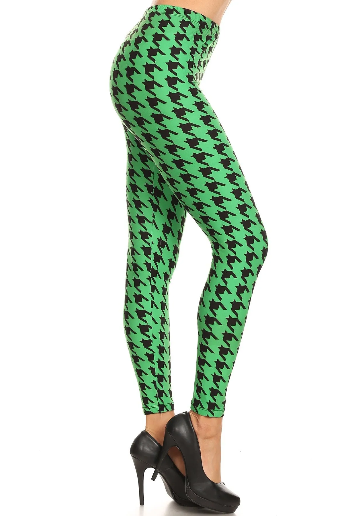 3X 5X green houndstooth pattern leggings for women