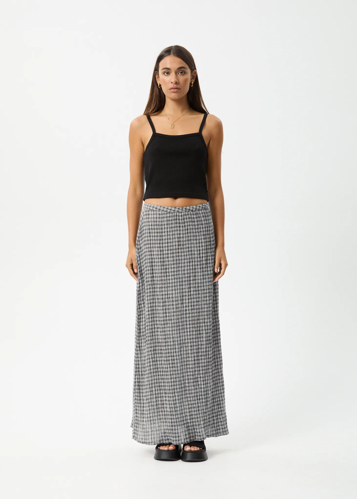 AFENDS Asta Hemp Seersucker Check Maxi Skirt - Steel Check - Women's.