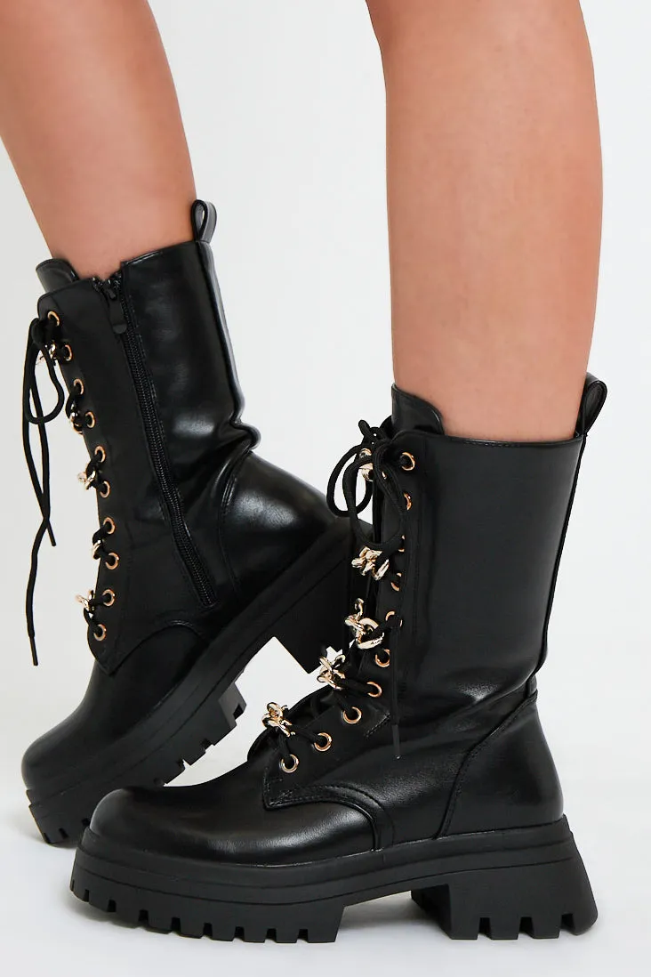 Black chain detail faux leather boots Niska.