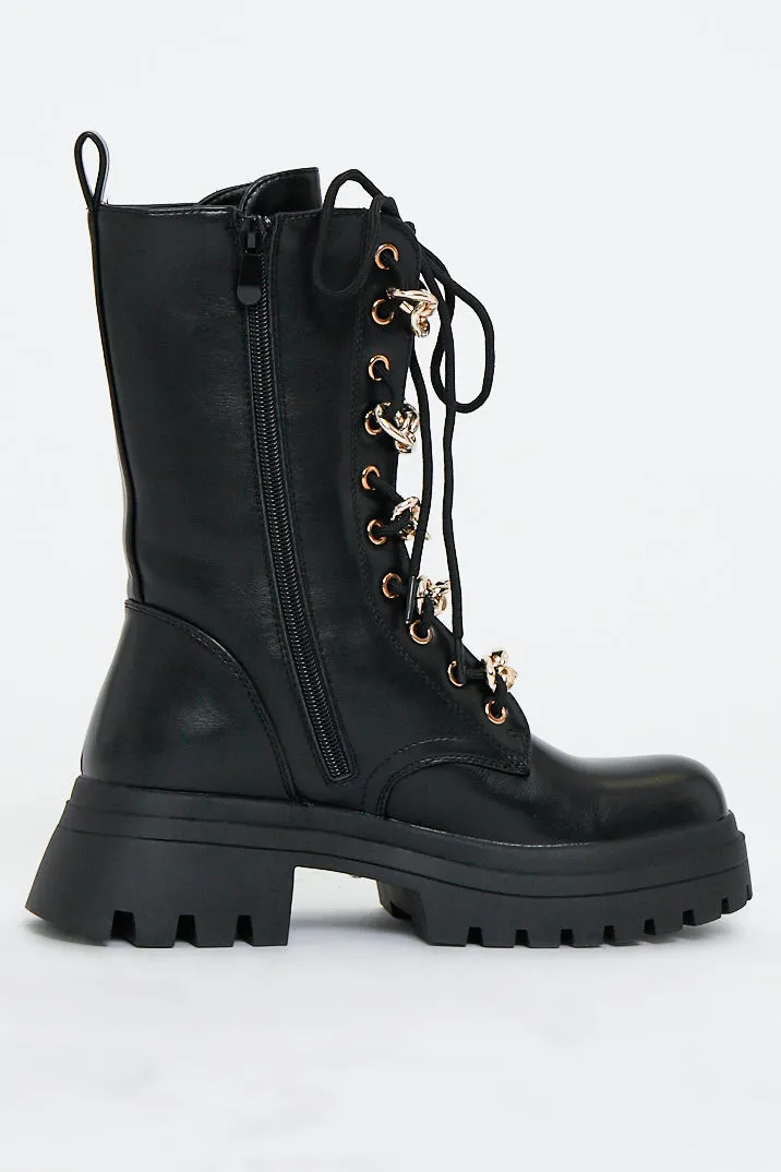 Black chain detail faux leather boots Niska.