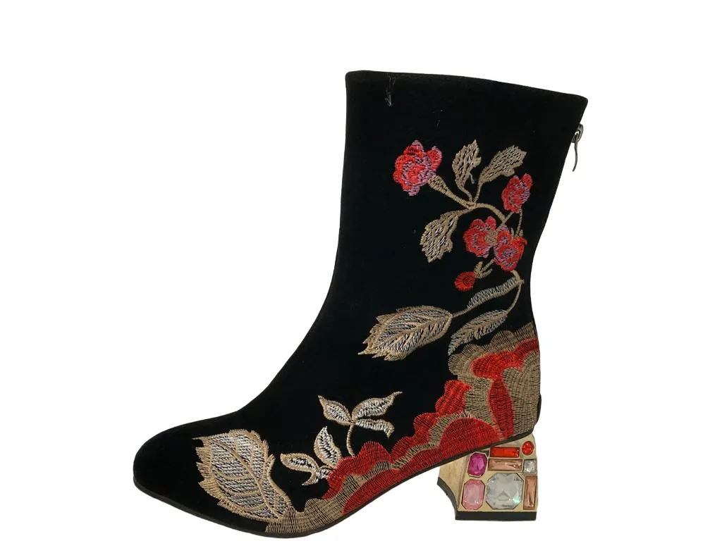 Black Floral Women's Boots, Jewel Heel