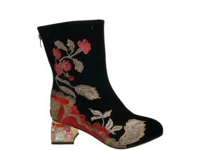 Black Floral Women's Boots, Jewel Heel