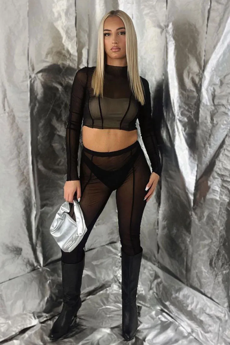 Black Mesh Cropped Top and Toe Detail Leggings Set - Chikako