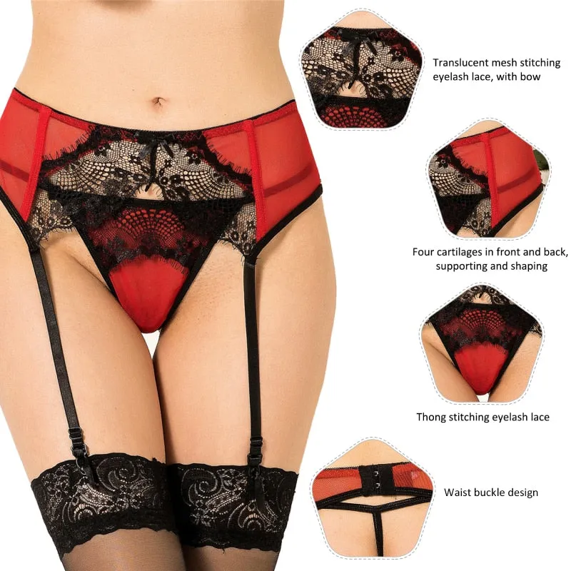 Black Red Lace Ultra Thin Mesh Stockings Lingerie Garter Panty for Women