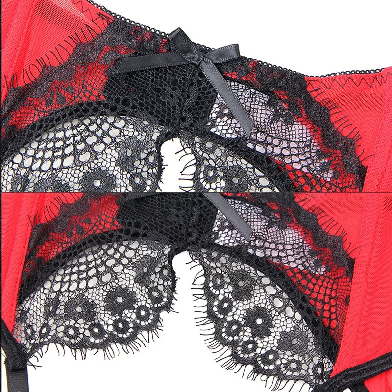 Black Red Lace Ultra Thin Mesh Stockings Lingerie Garter Panty for Women