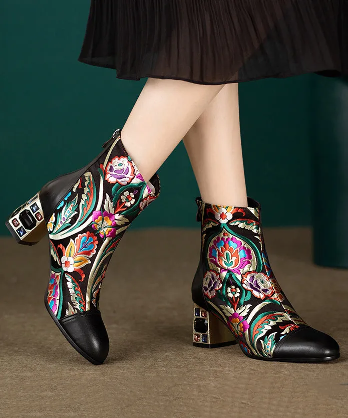 Black Zircon Embroidered Leather Chunky Boots