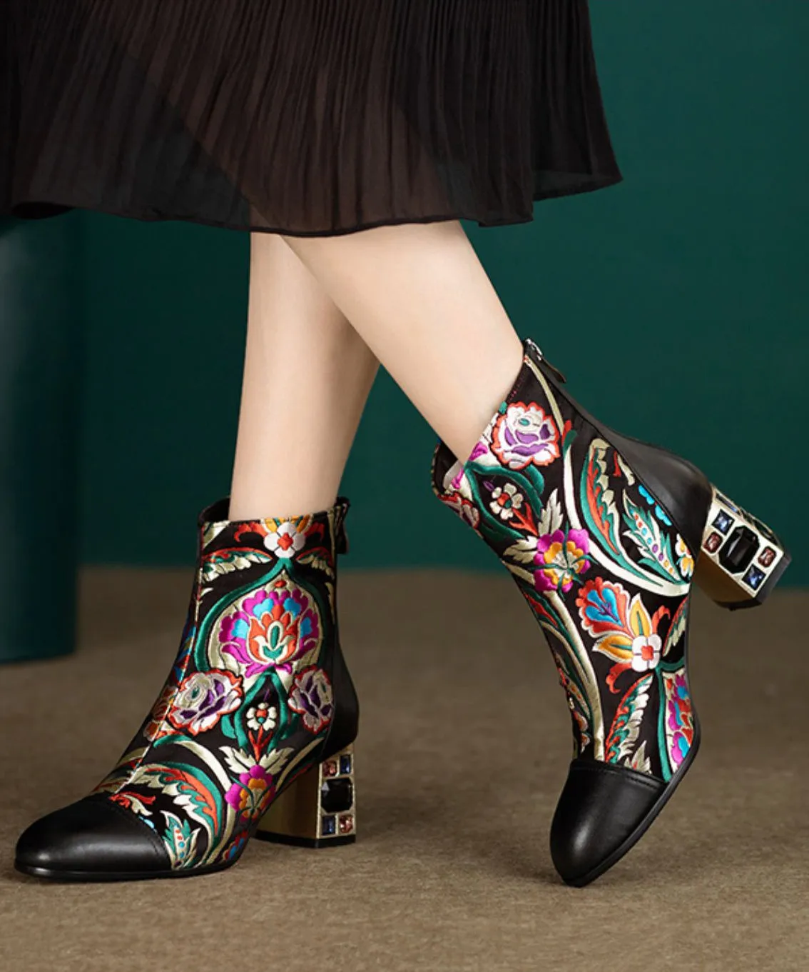 Black Zircon Embroidered Leather Chunky Boots