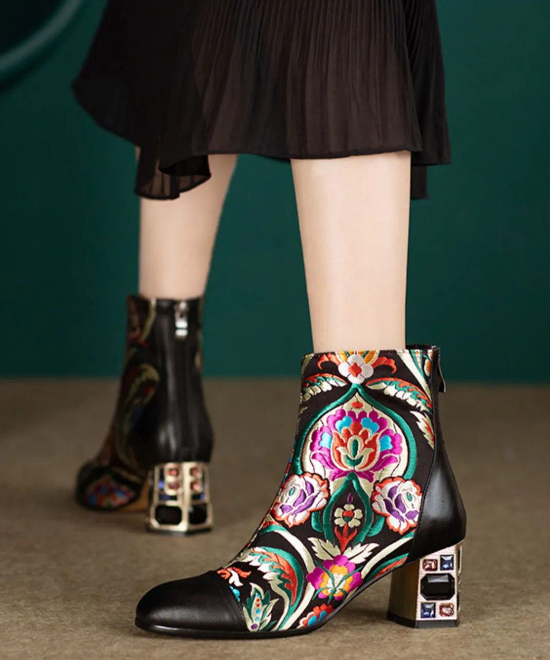 Black Zircon Embroidered Leather Chunky Boots