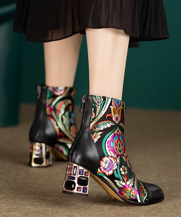 Black Zircon Embroidered Leather Chunky Boots