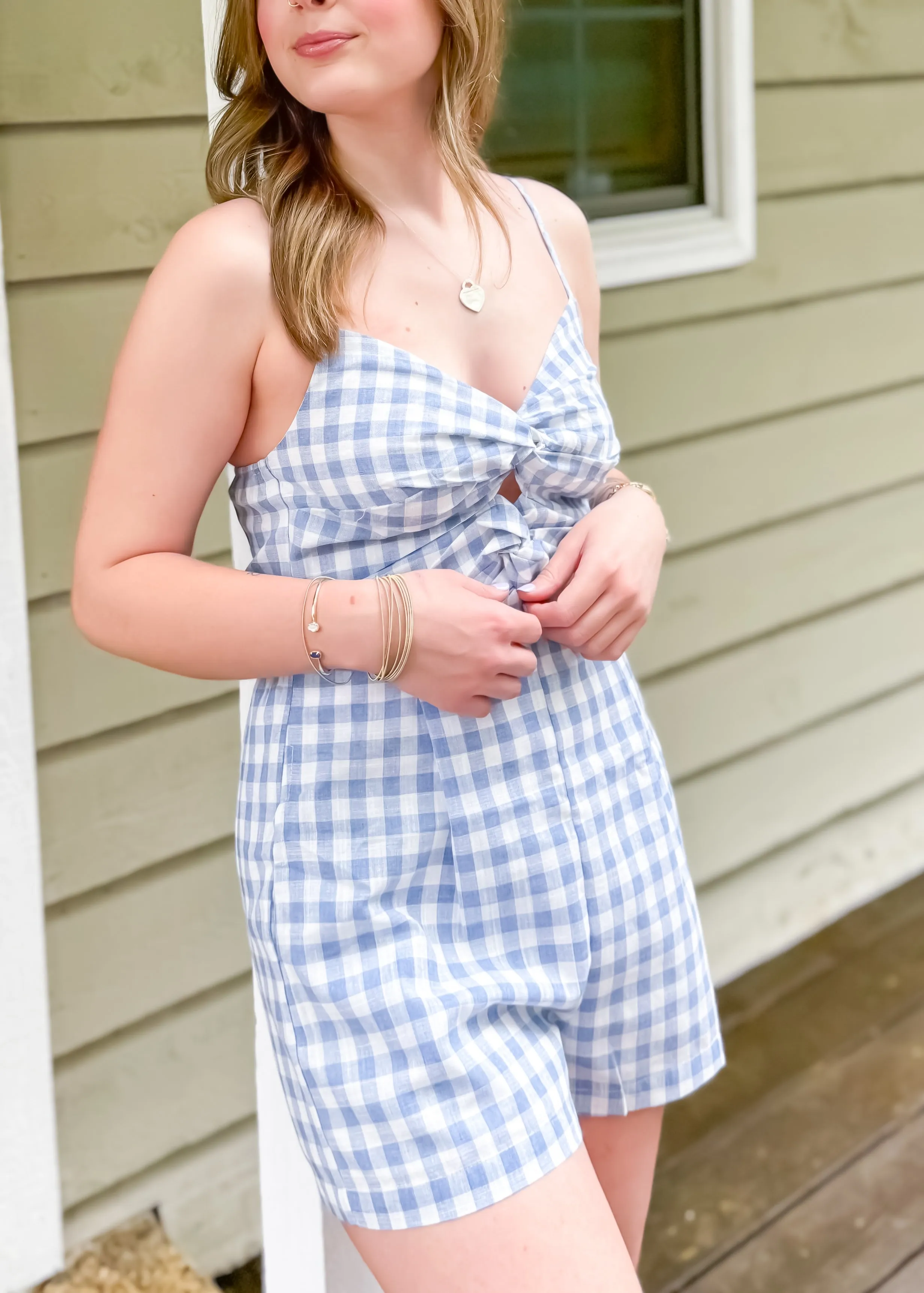 Blue Gingham Cutout Romper for a Sunny Getaway