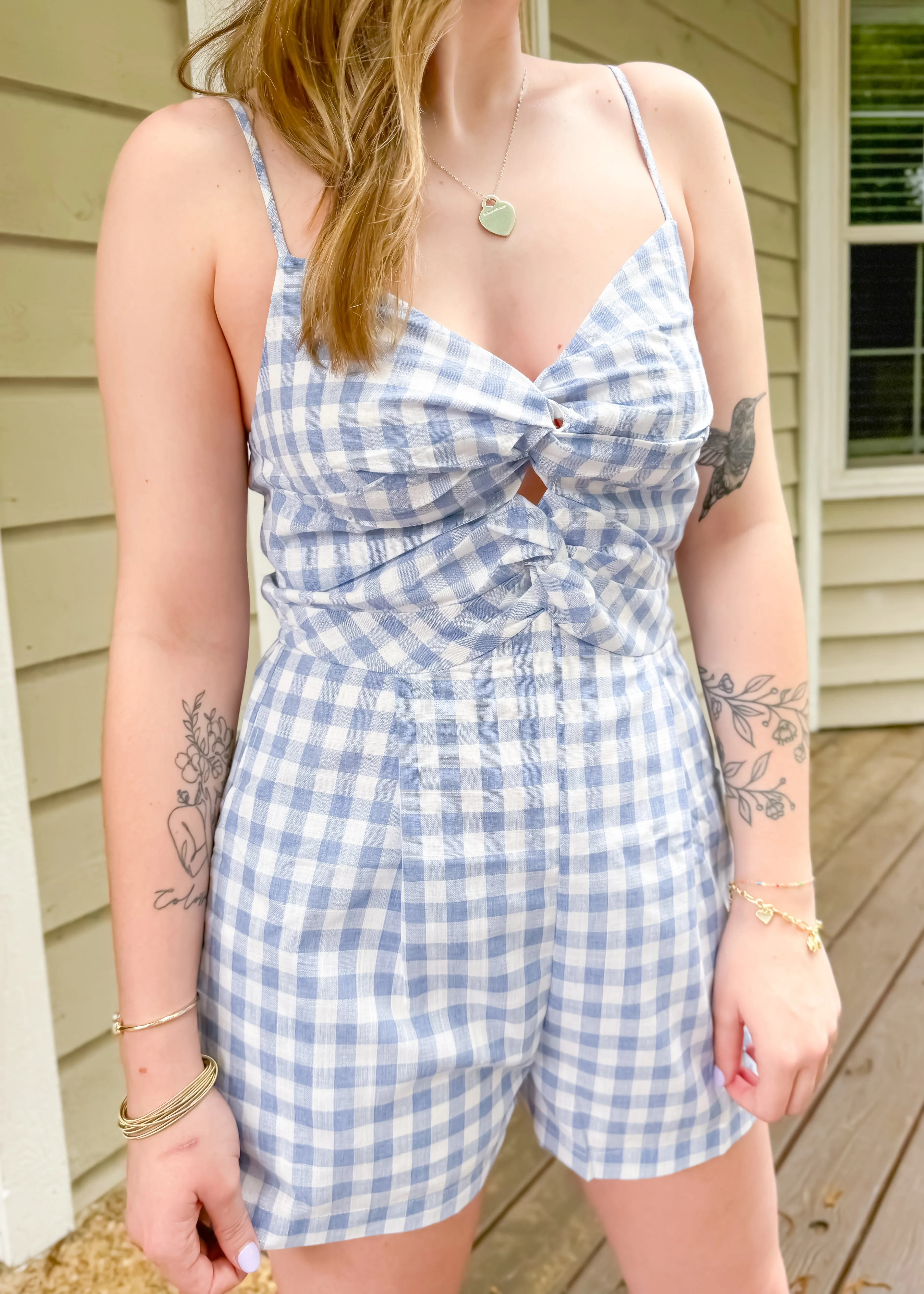 Blue Gingham Cutout Romper for a Sunny Getaway