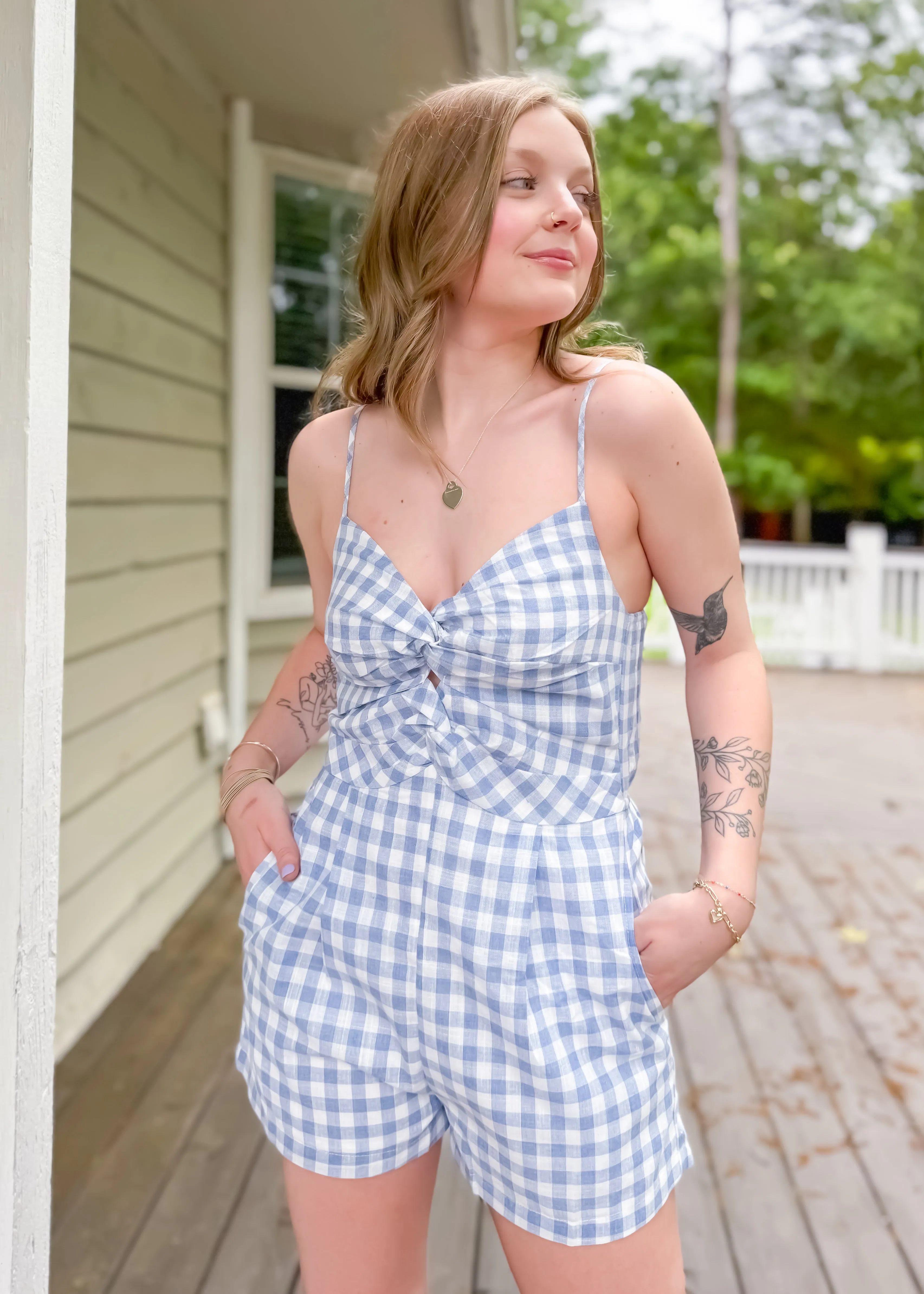 Blue Gingham Cutout Romper for a Sunny Getaway