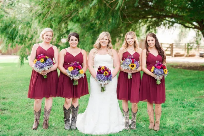 Burgundy Summer Bridesmaid Dresses | Spaghetti Strap | Short Length | Cowgirl Boots