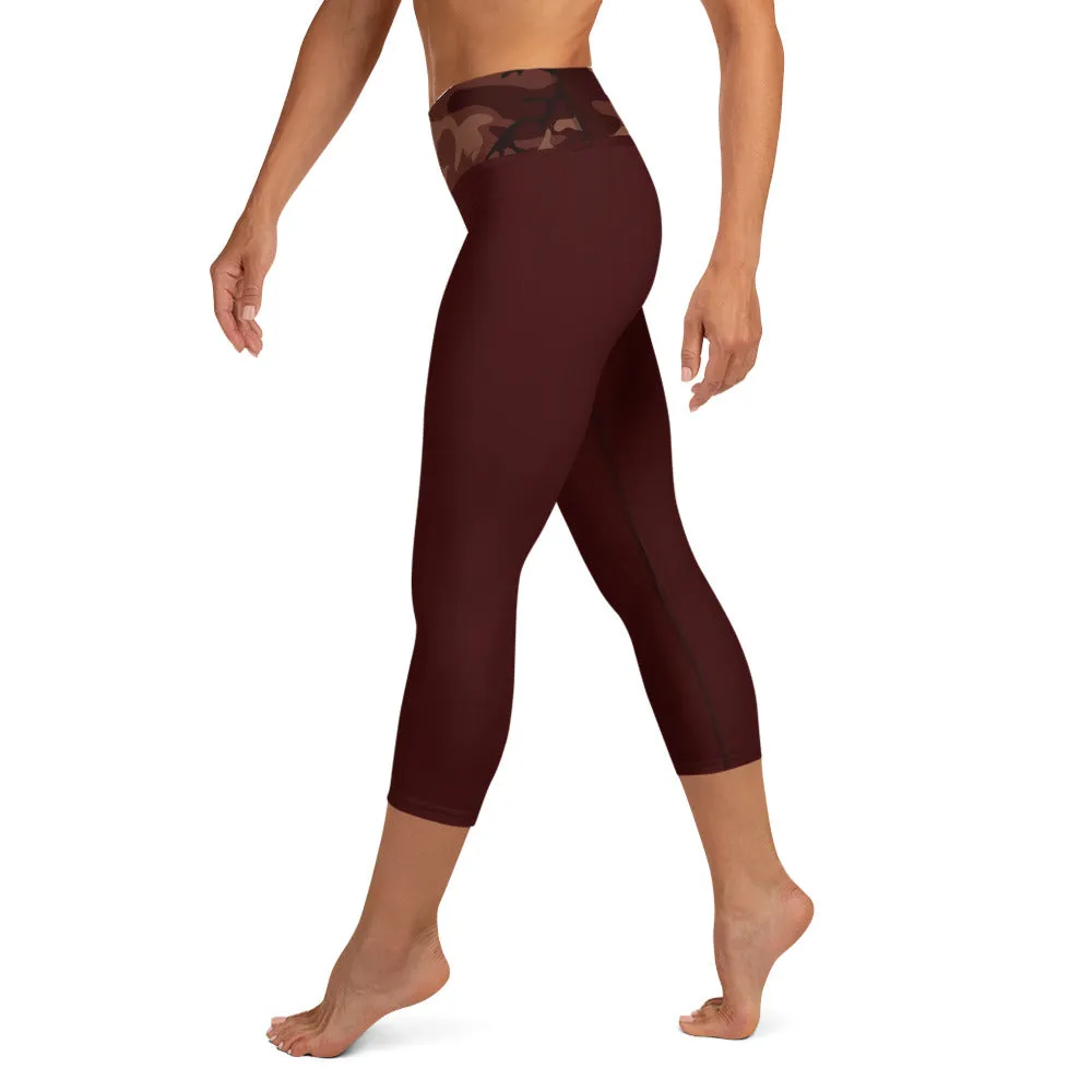 Burgundy Yoga Capri Leggings with Camouflage Print