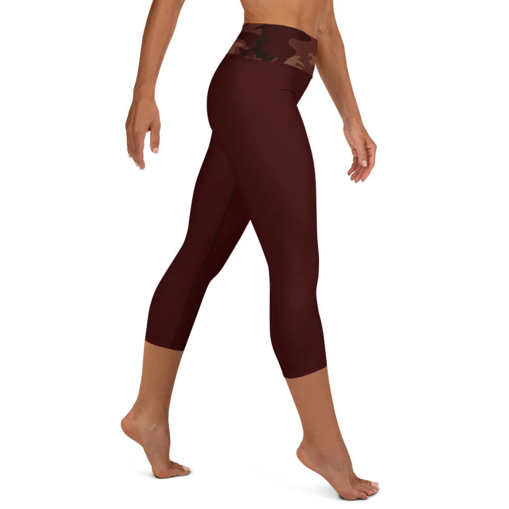 Burgundy Yoga Capri Leggings with Camouflage Print