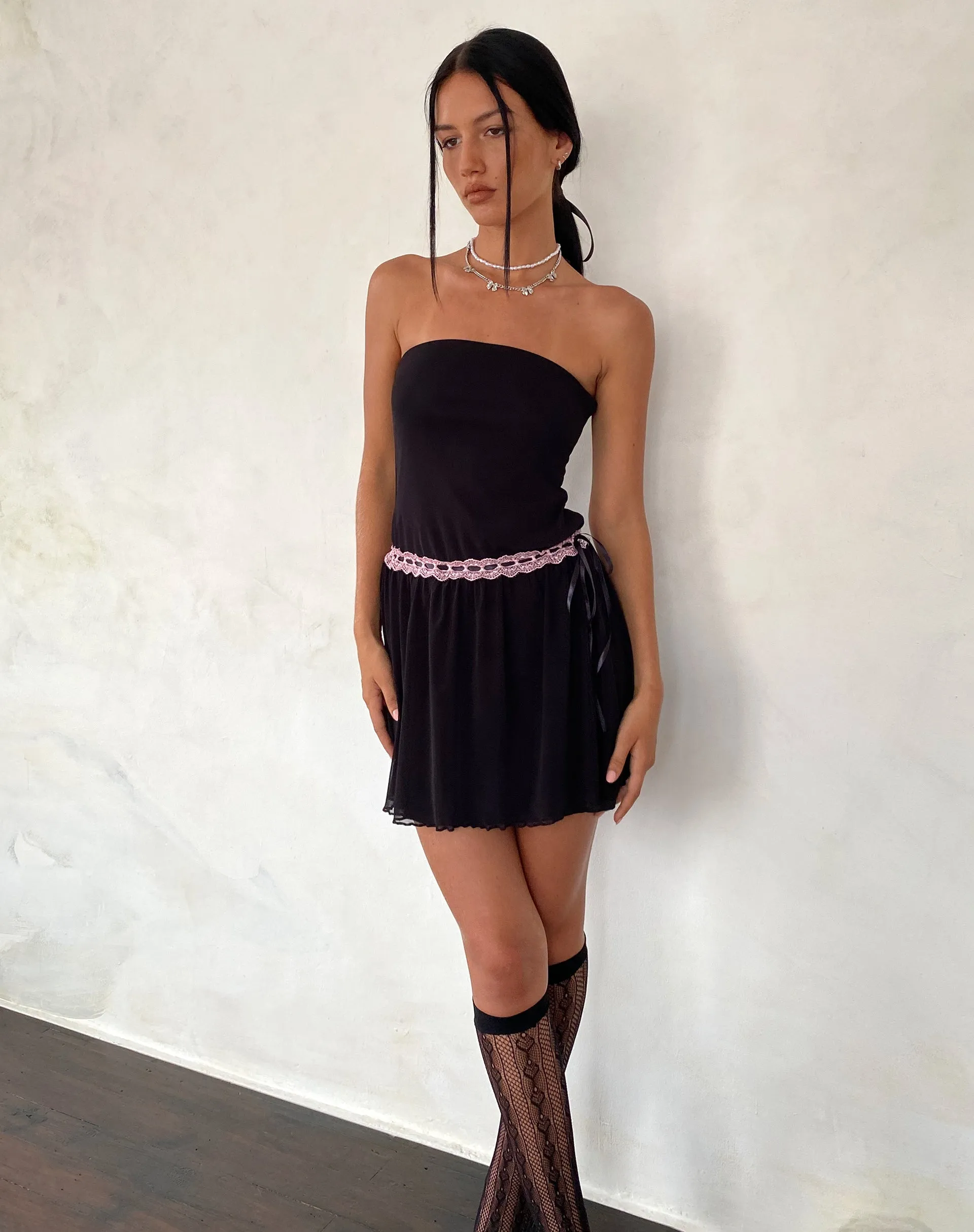 Cleodora Black Mesh Mini Dress with Pink Waistband