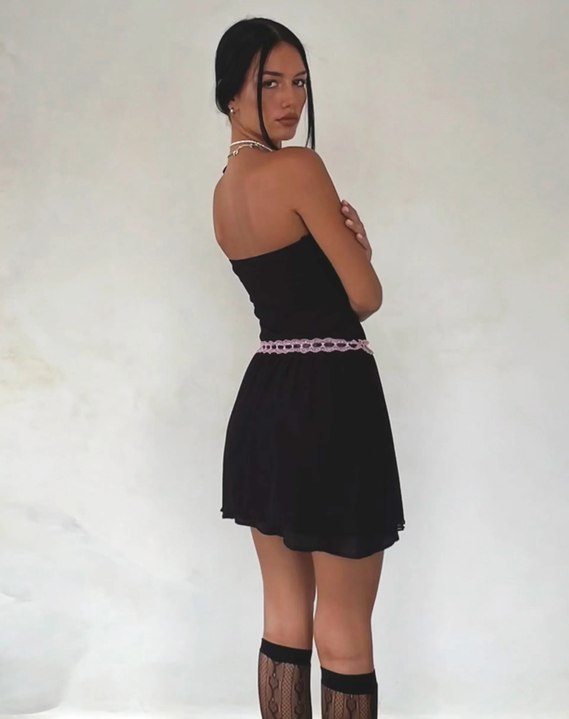 Cleodora Black Mesh Mini Dress with Pink Waistband