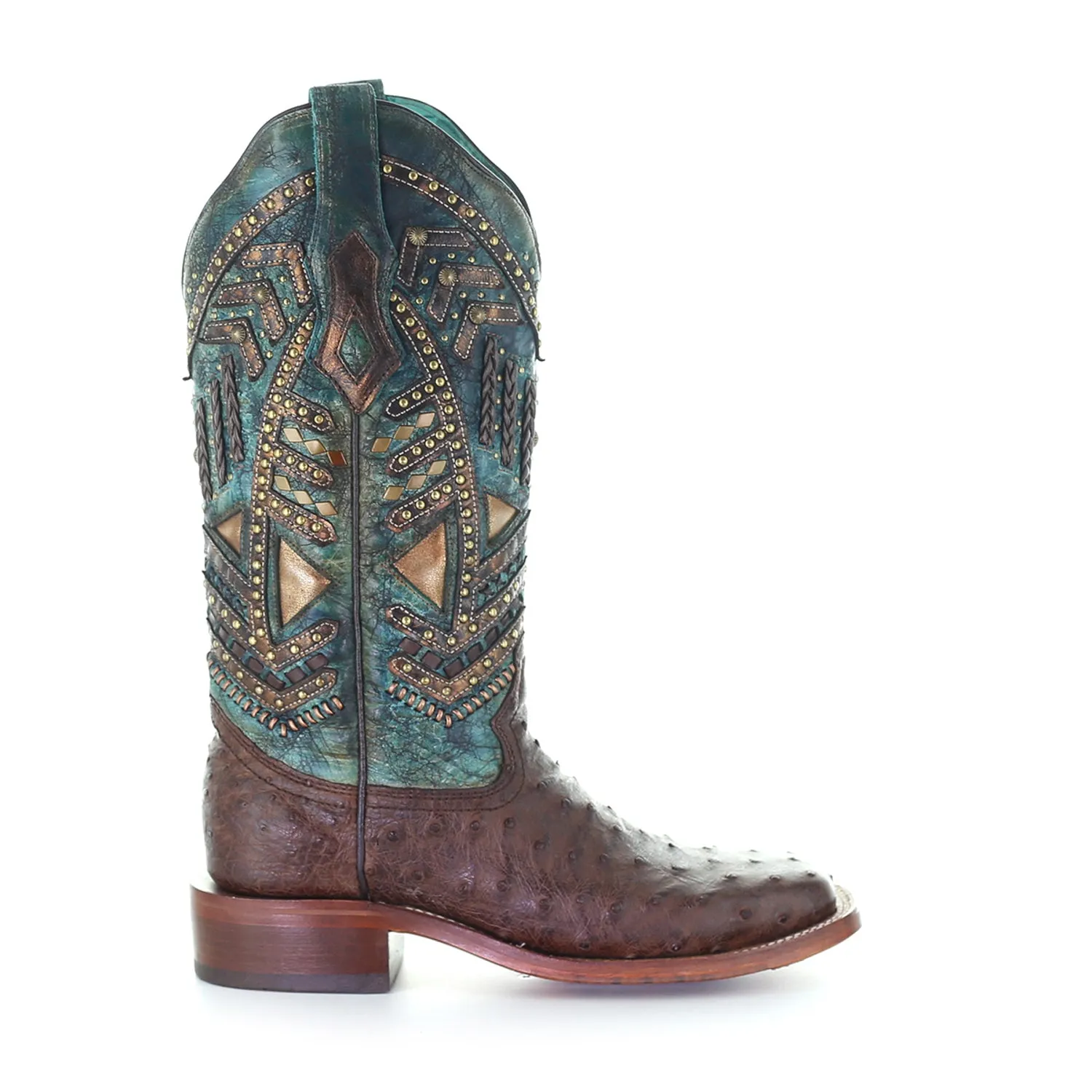 Corral Women's Vaquero Stud Ostrich Cowboy Boots - Brown/Turquoise.