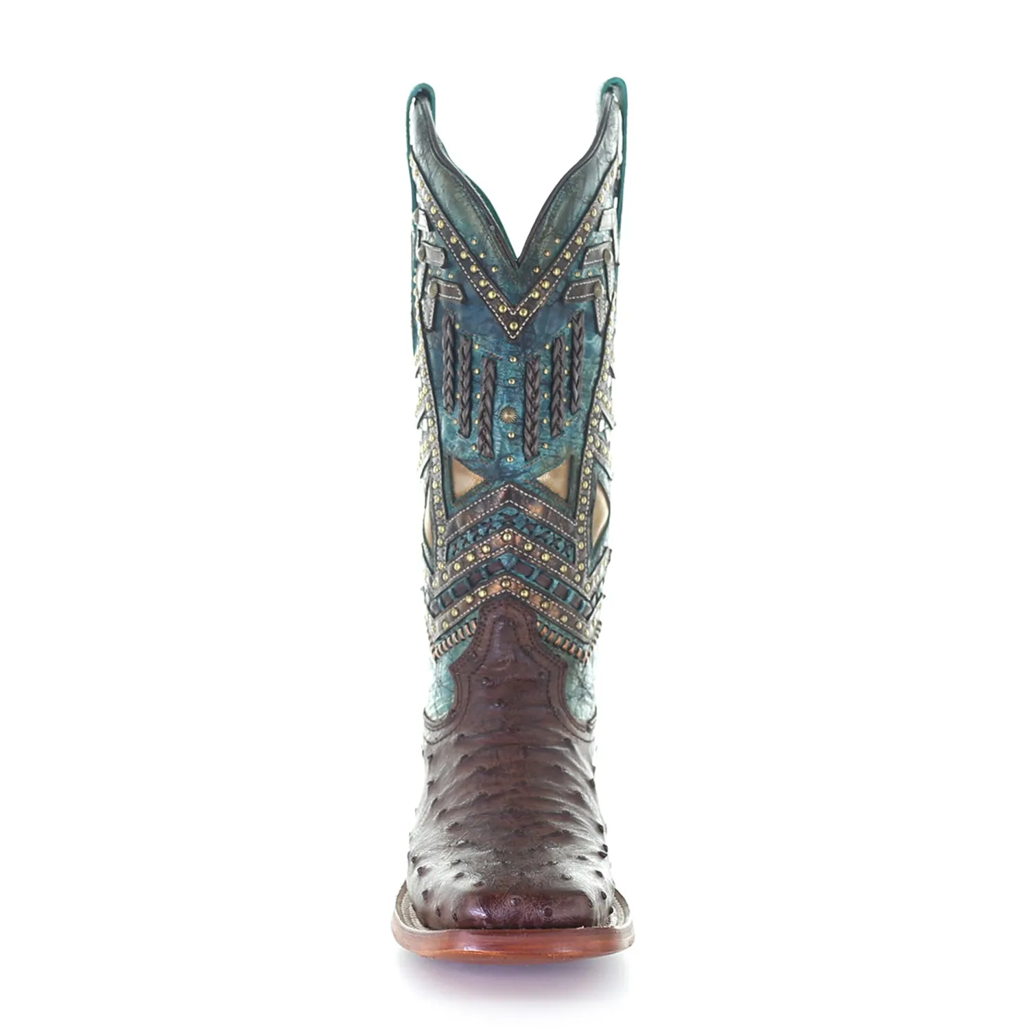 Corral Women's Vaquero Stud Ostrich Cowboy Boots - Brown/Turquoise.