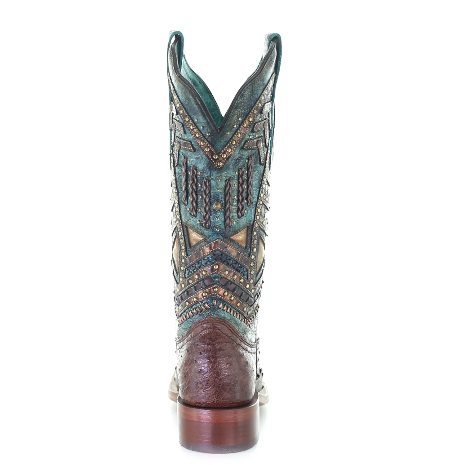 Corral Women's Vaquero Stud Ostrich Cowboy Boots - Brown/Turquoise.