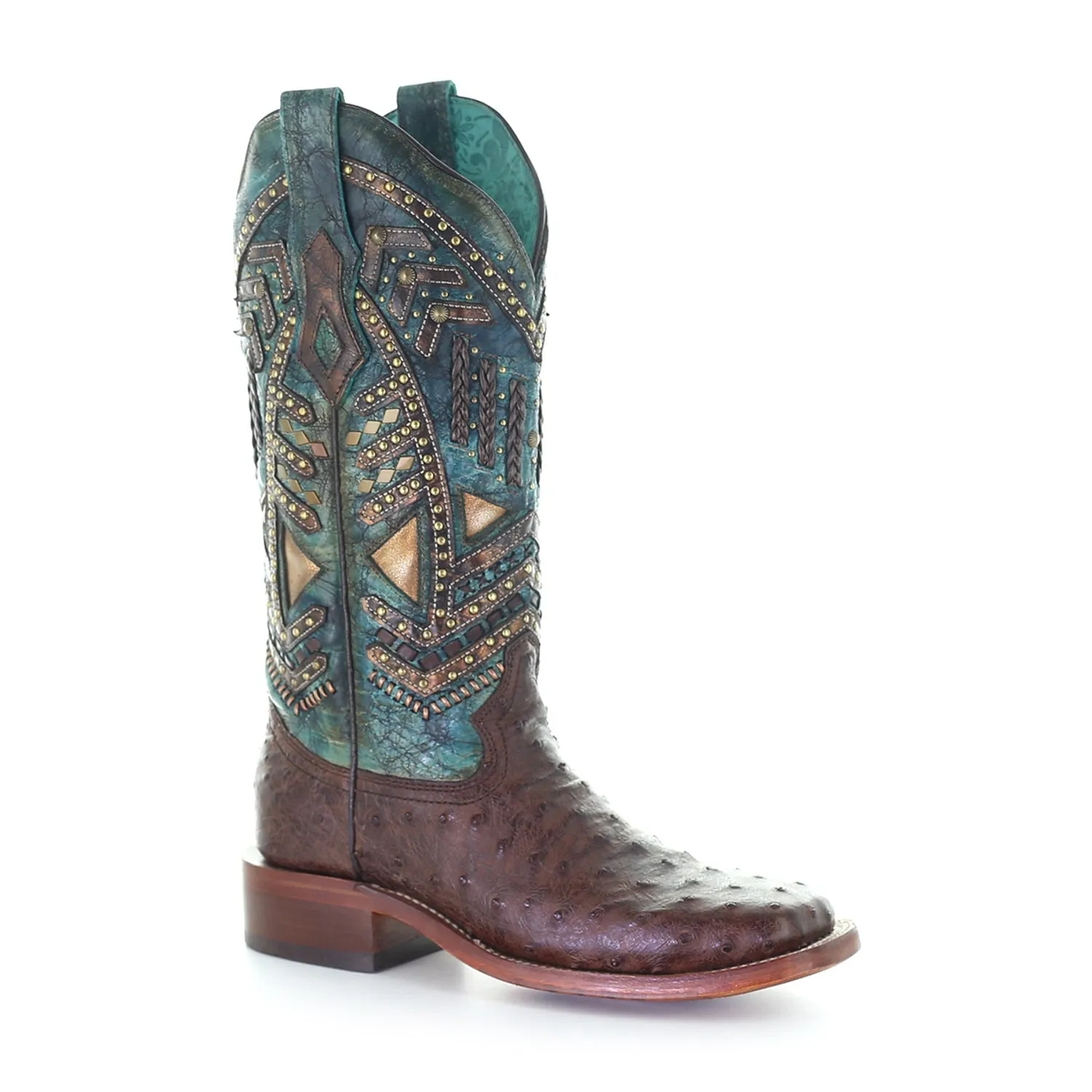 Corral Women's Vaquero Stud Ostrich Cowboy Boots - Brown/Turquoise.