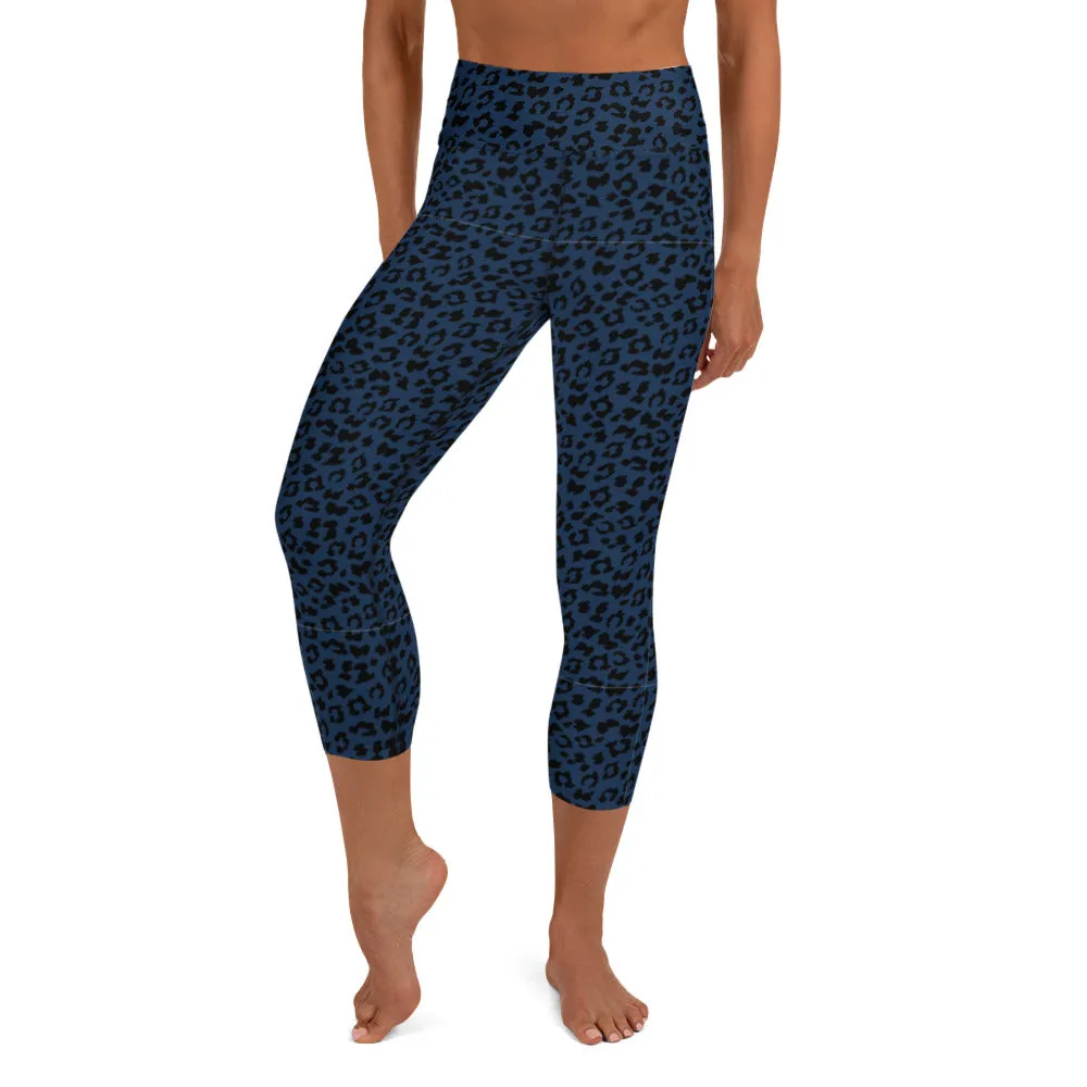 Dark Blue Leopard Yoga Capri Leggings