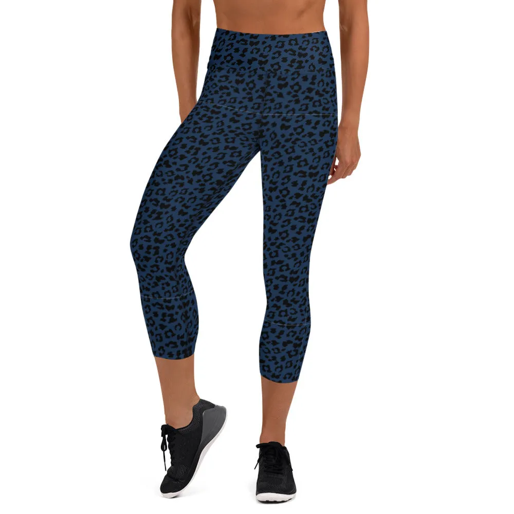 Dark Blue Leopard Yoga Capri Leggings