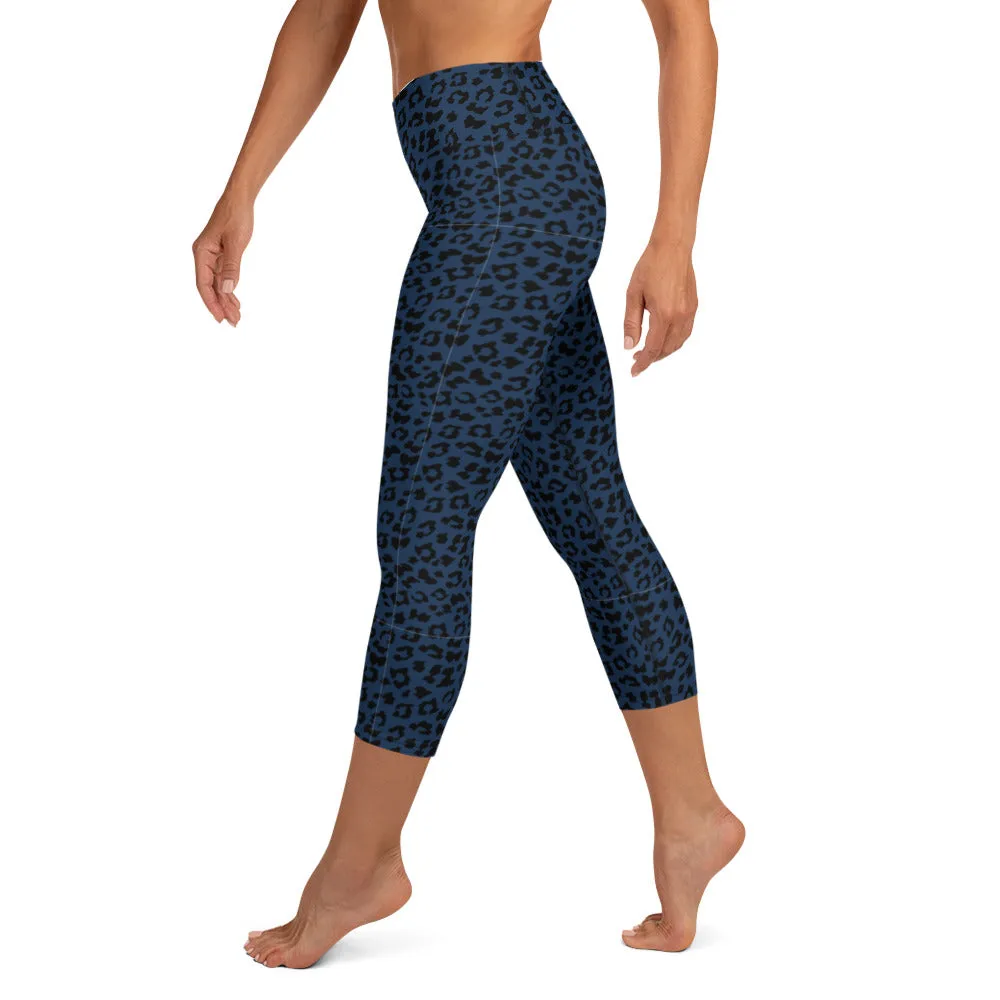 Dark Blue Leopard Yoga Capri Leggings