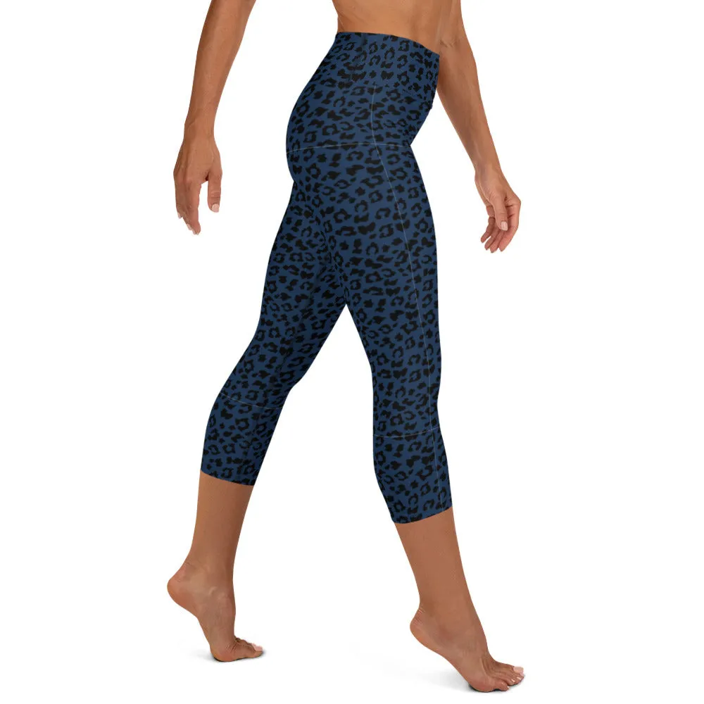 Dark Blue Leopard Yoga Capri Leggings