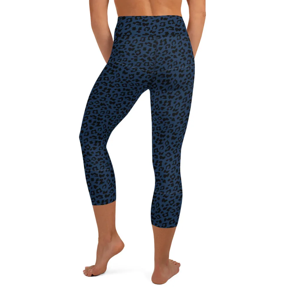 Dark Blue Leopard Yoga Capri Leggings