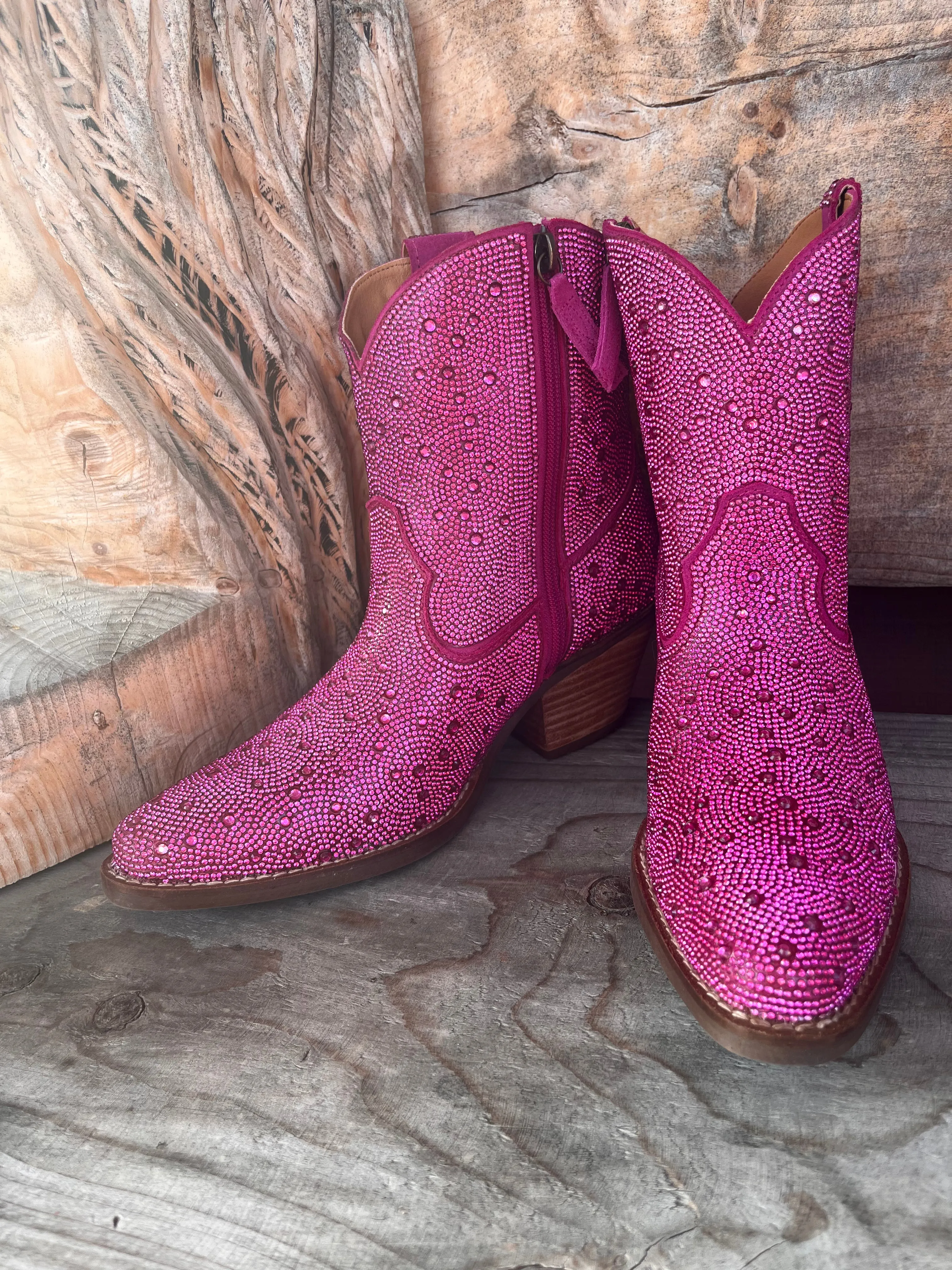 Dingo Fuchsia Rhinestone Cowgirl Ankle Boots - Women's DI577-PNK