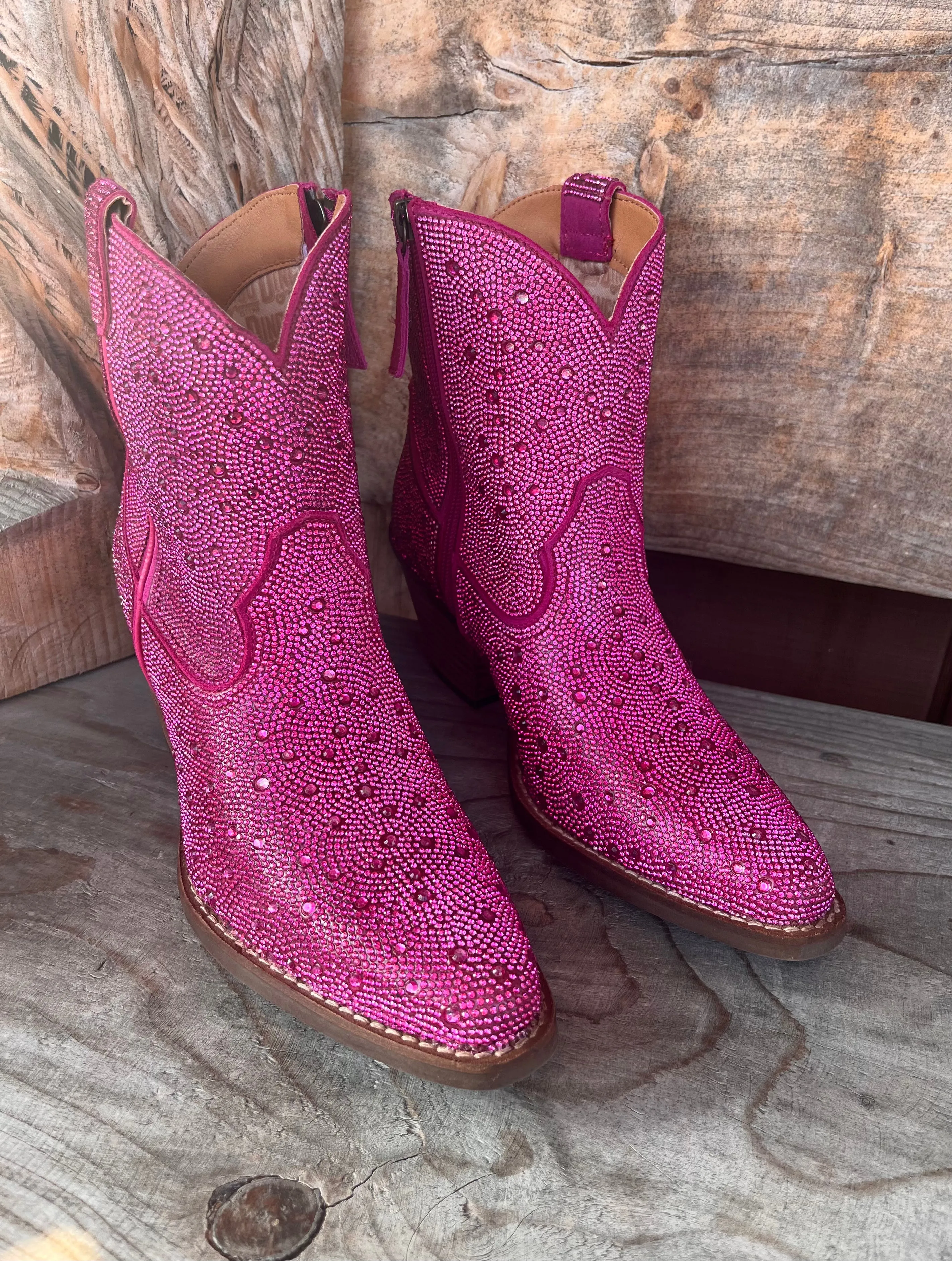 Dingo Fuchsia Rhinestone Cowgirl Ankle Boots - Women's DI577-PNK