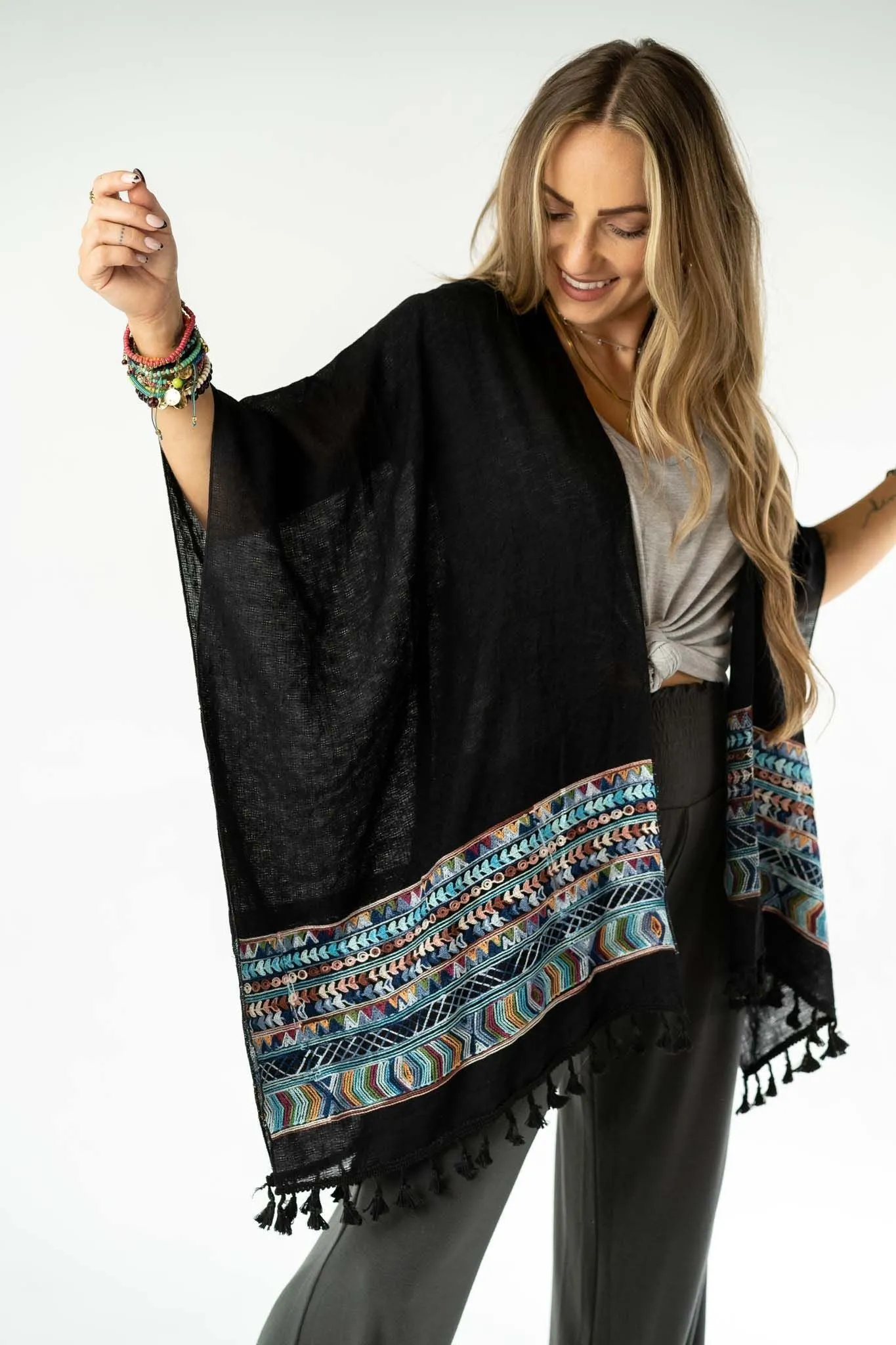 Fallon Kimono - Black with Embroidered Sleeves