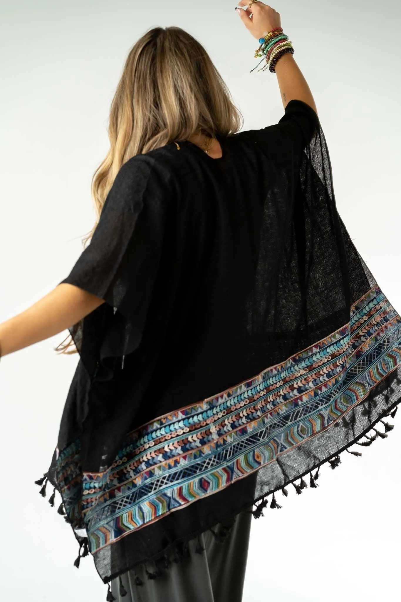 Fallon Kimono - Black with Embroidered Sleeves