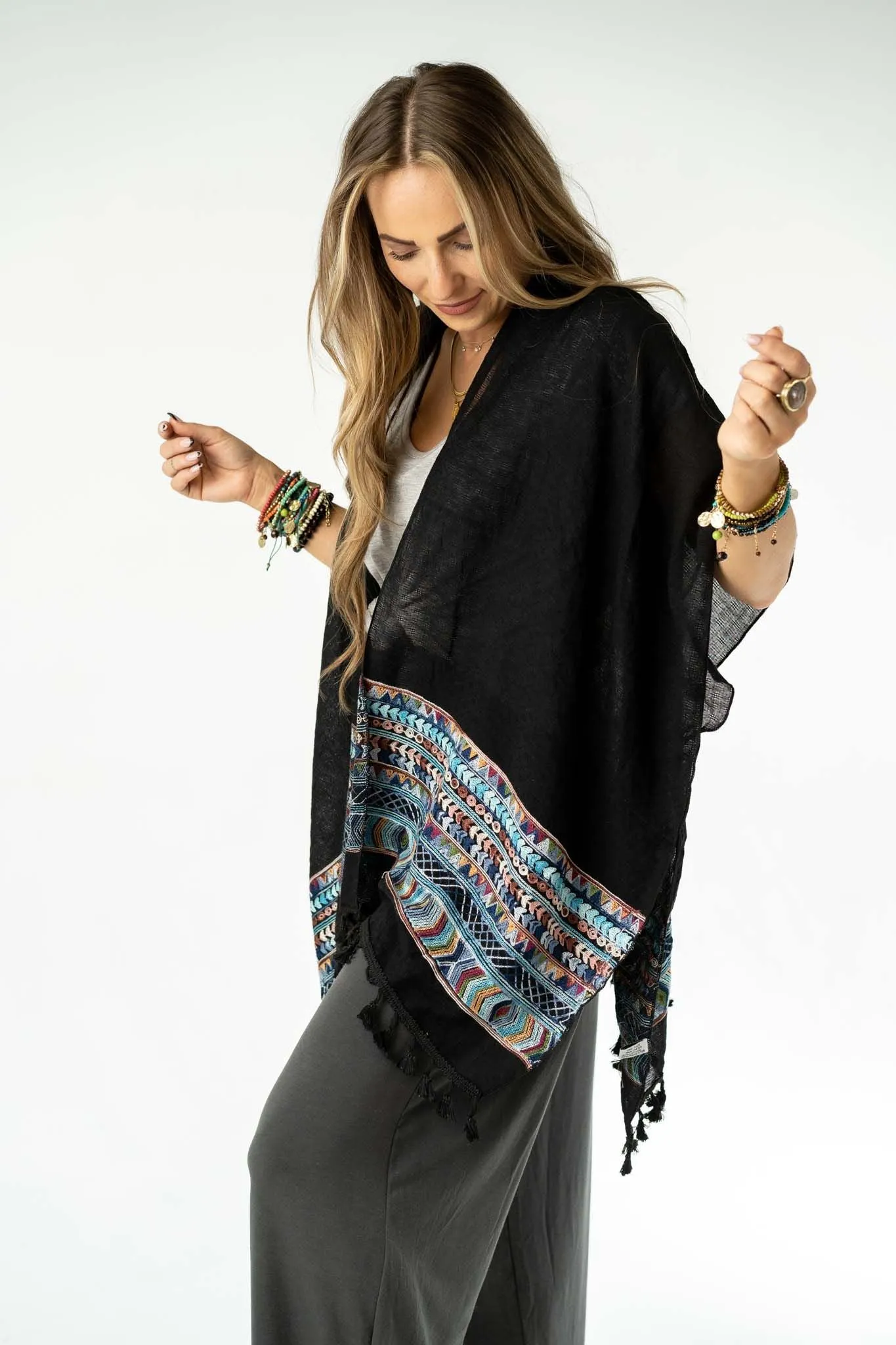 Fallon Kimono - Black with Embroidered Sleeves