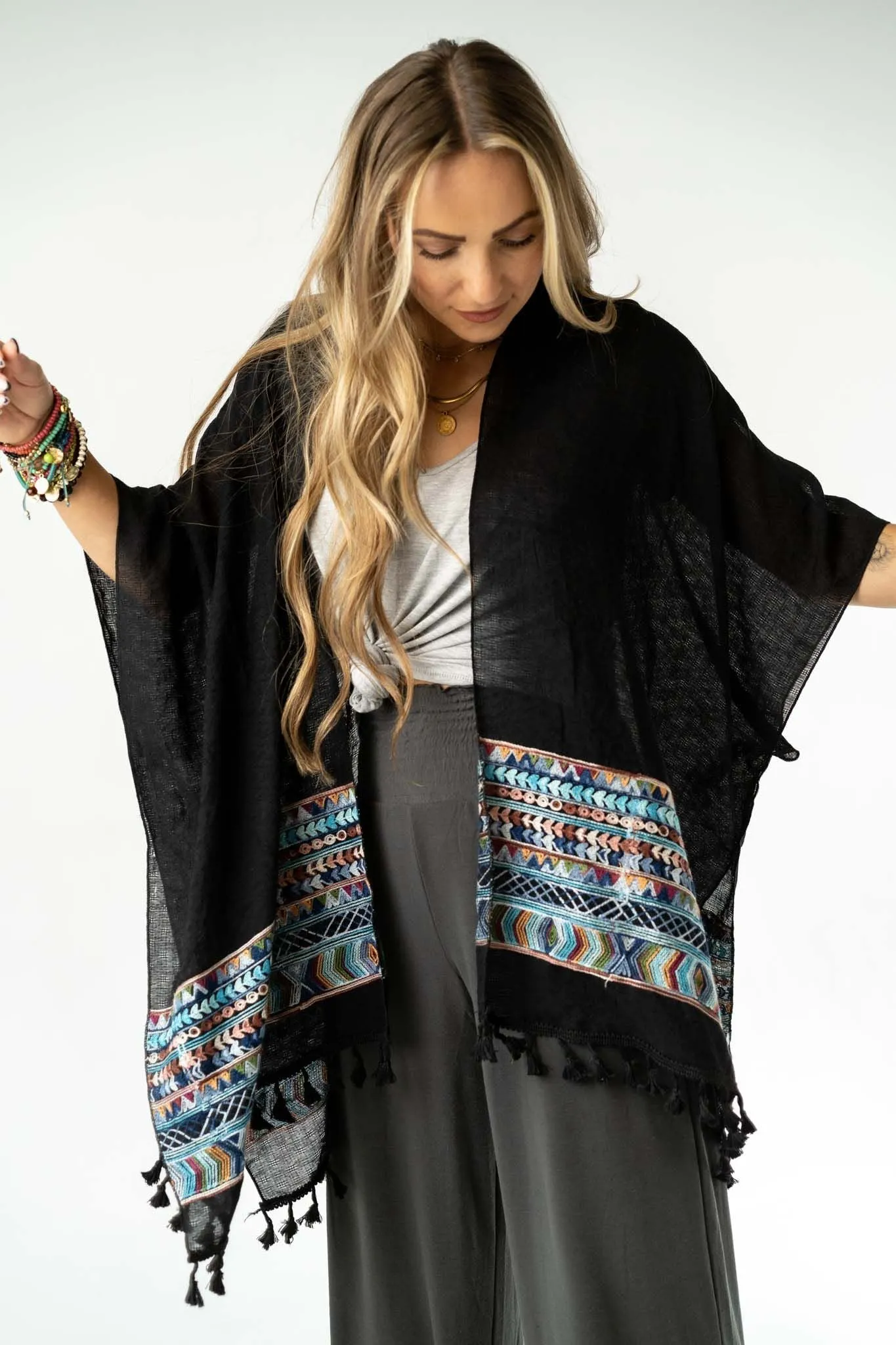 Fallon Kimono - Black with Embroidered Sleeves