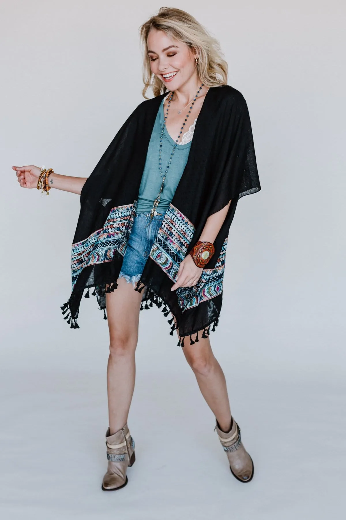 Fallon Kimono - Black with Embroidered Sleeves