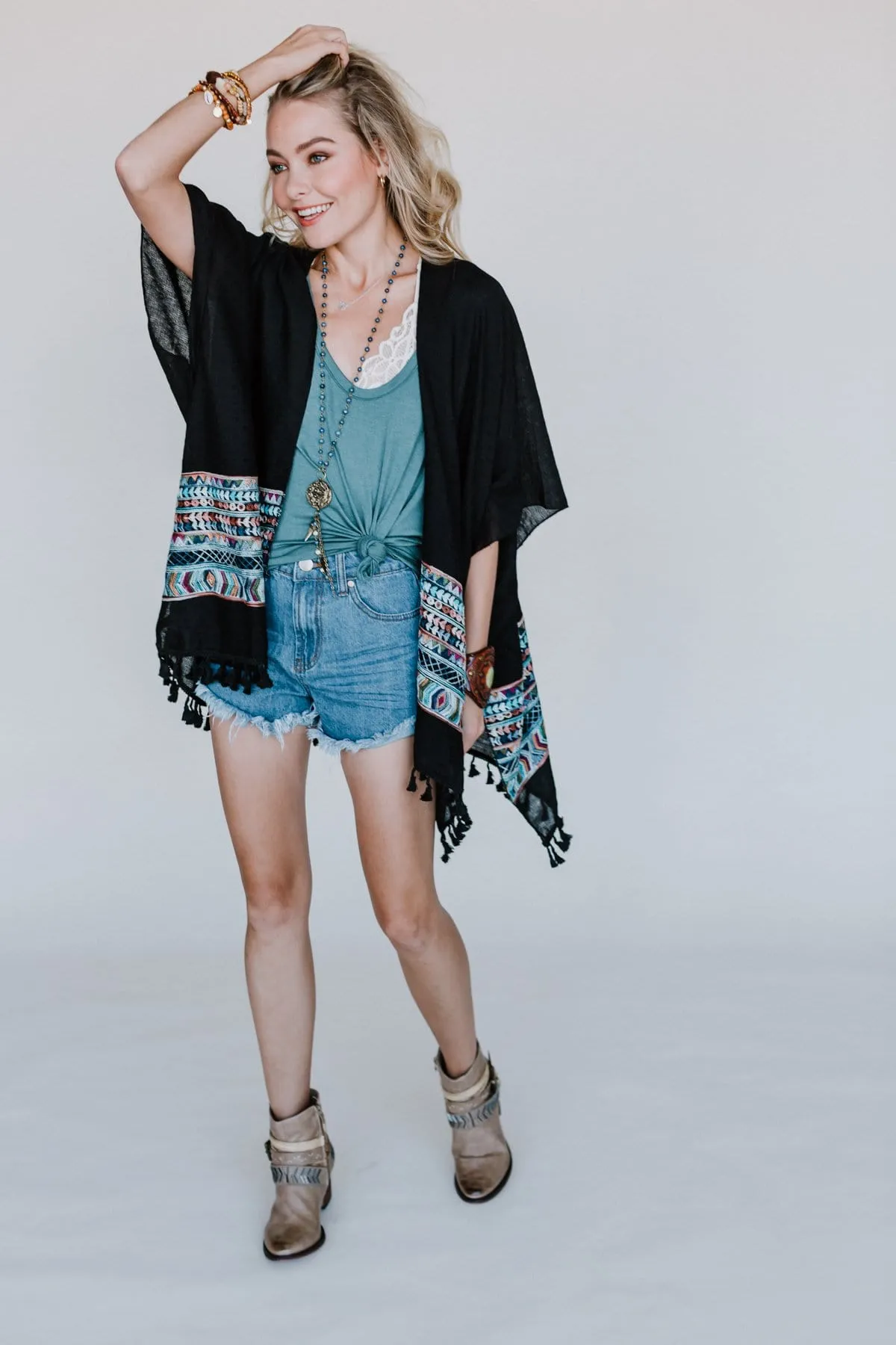 Fallon Kimono - Black with Embroidered Sleeves