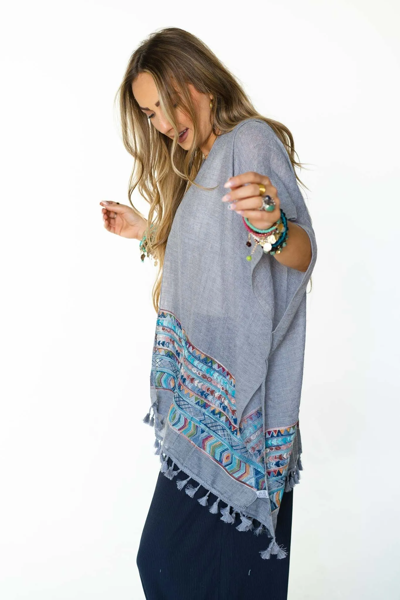 Fallon Kimono - Gray with Embroidered Sleeves