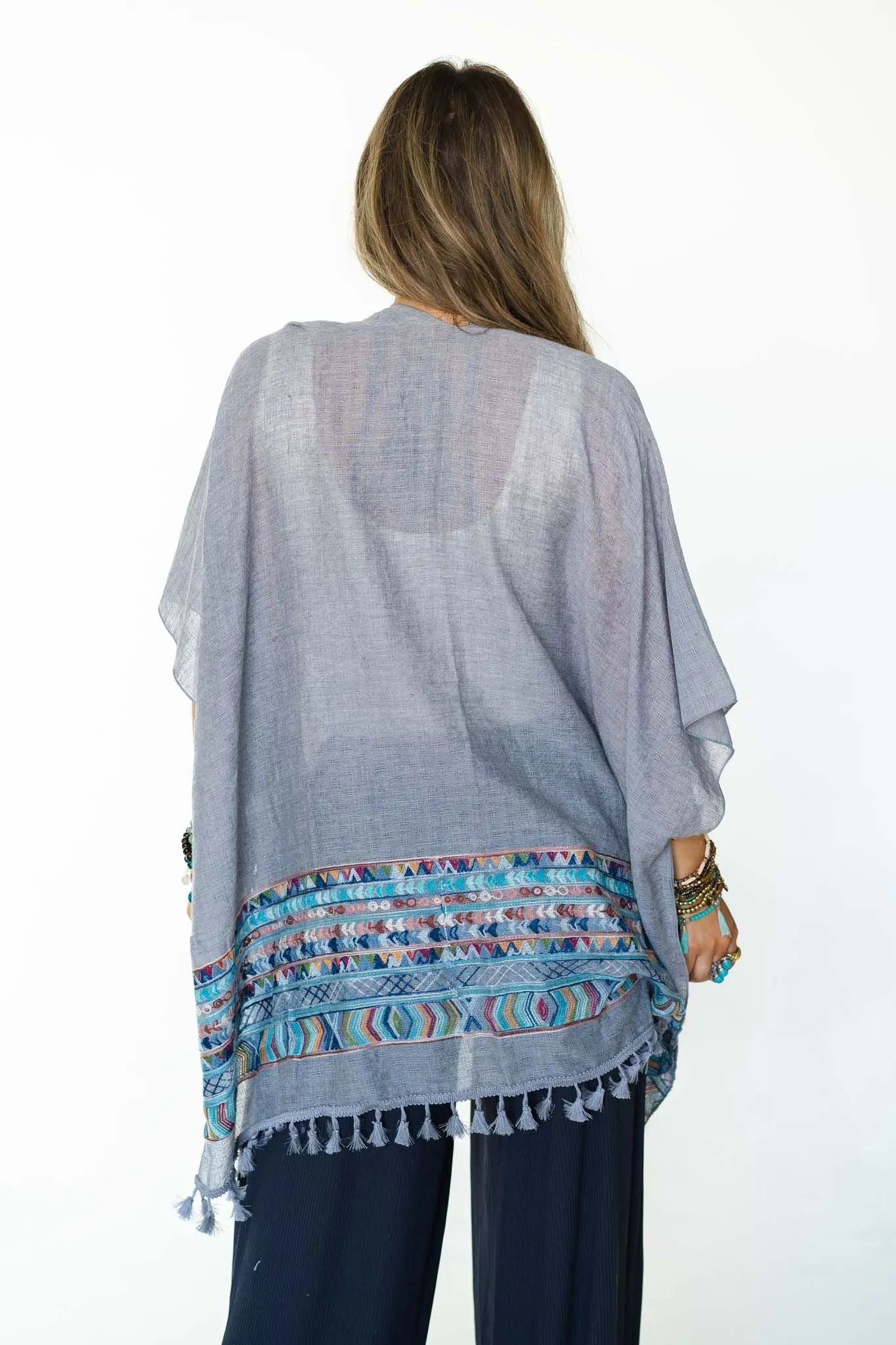 Fallon Kimono - Gray with Embroidered Sleeves